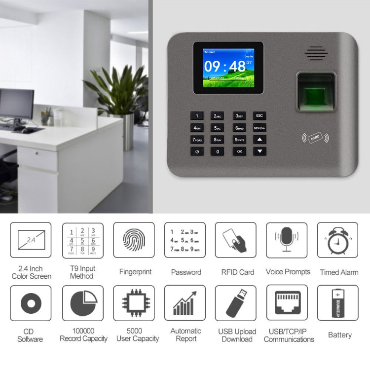 Realand AL321D Fingerprint Time Attendance with 2.4 inch Color Screen & ID Card Function & Battery, AL321D