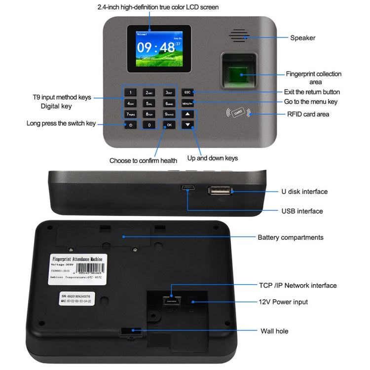 Realand AL325D Fingerprint Time Attendance with 2.4 inch Color Screen & ID Card Function & WiFi & Battery, AL325D