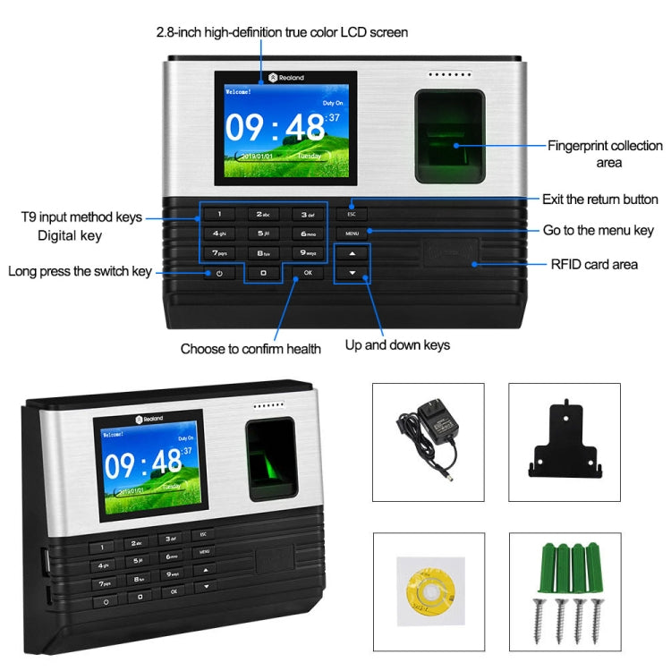 Realand AL355 Fingerprint Time Attendance with 2.8 inch Color Screen & ID Card Function & WiFi, AL355