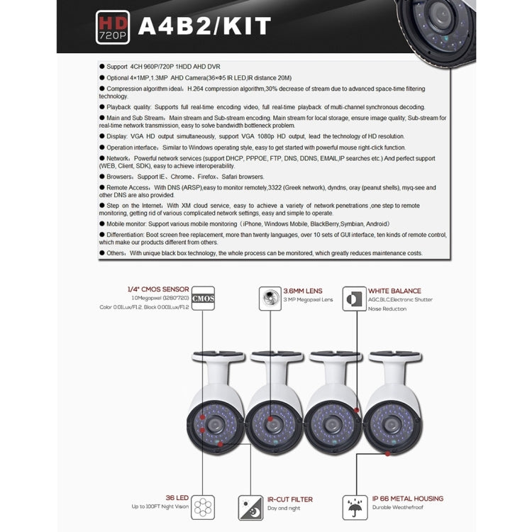 A4B2 4Ch Bullet IP Camera NVR Kit, Support Night Vision / Motion Detection, IR Distance: 20m, A4B2/Kit 960P, A4B2/Kit 720P, A4B2/Kit 1080P