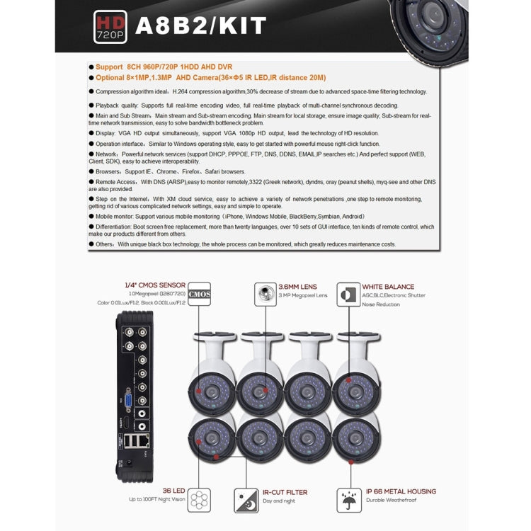 A8B2 8Ch Bullet IP Camera NVR Kit, Support Night Vision / Motion Detection, IR Distance: 20m, A8B2/Kit 1080P 2.0MP, A8B2/Kit 720P 1.0MP, A8B2/Kit 960P 1.3MP