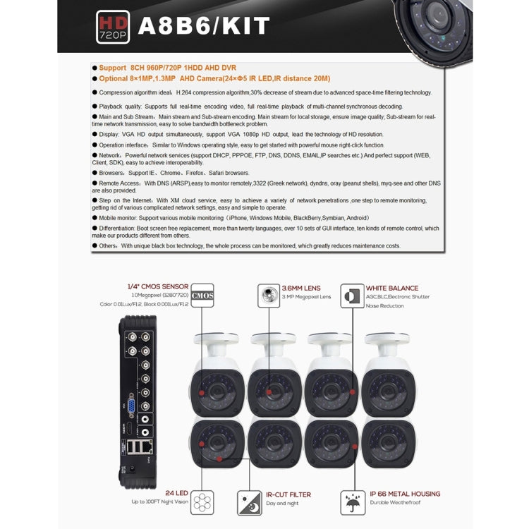 A8B6 8Ch Bullet IP Camera NVR Kit, Support Night Vision / Motion Detection, IR Distance: 15m, A8B6/Kit 1080P 2.0MP, A8B6/Kit 720P 1.0MP, A8B6/Kit 960P 1.3MP