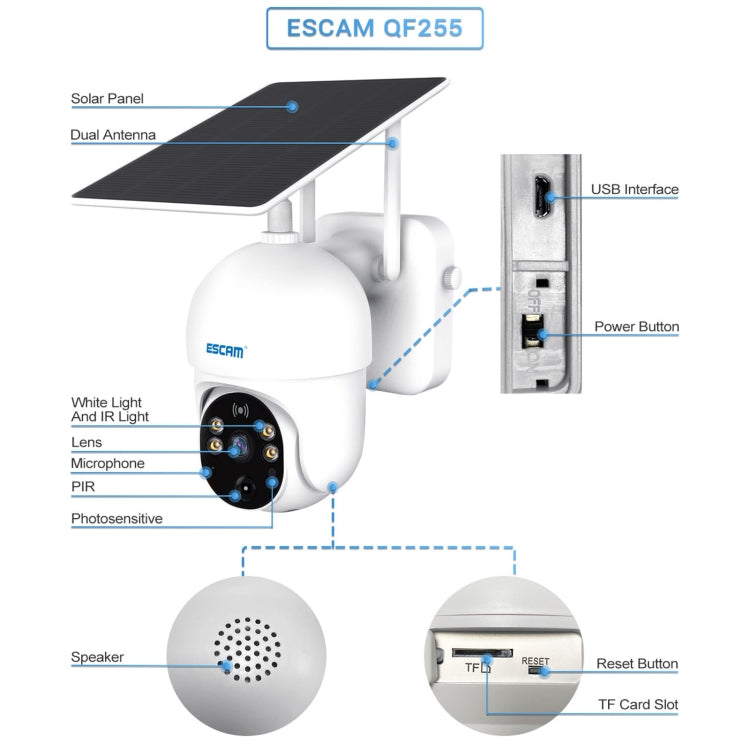 ESCAM QF255 2.0 Million Pixels 1080P HD WiFi Solar Camera, Support Two-way Voice & PIR Motion Detection & Night Vision & TF Card, QF255