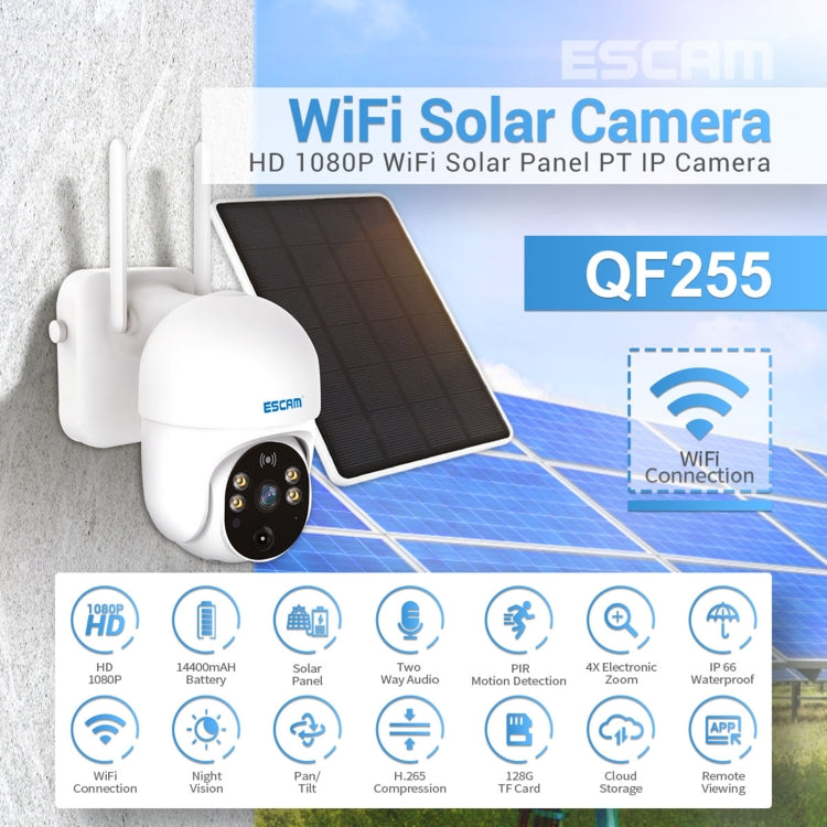 ESCAM QF255 2.0 Million Pixels 1080P HD WiFi Solar Camera, Support Two-way Voice & PIR Motion Detection & Night Vision & TF Card, QF255