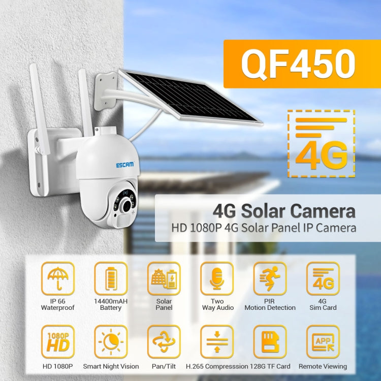 ESCAM QF450 HD 1080P 4G EU Version Solar Powered IP Camera without Memory, Support Two-way Audio & PIR Motion Detection & Night Vision & TF Card, without Memory