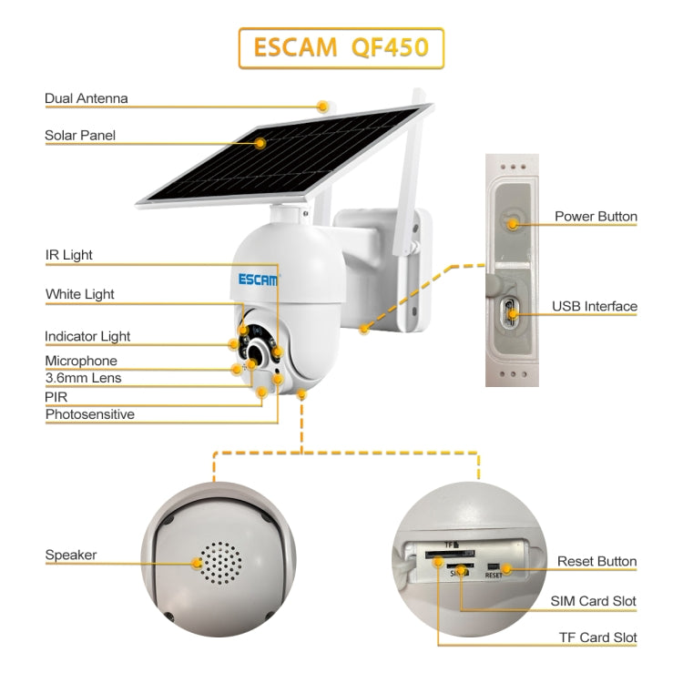 ESCAM QF450 HD 1080P 4G AU Version Solar Powered IP Camera without Memory, Support Two-way Audio & PIR Motion Detection & Night Vision & TF Card, without Memory