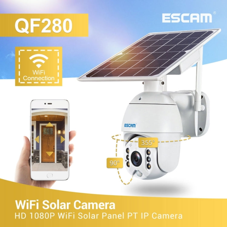 ESCAM QF280 HD 1080P IP66 Waterproof WiFi Solar Panel PT IP Camera with Battery, Support Night Vision / Motion Detection / TF Card / Two Way Audio, with Battery