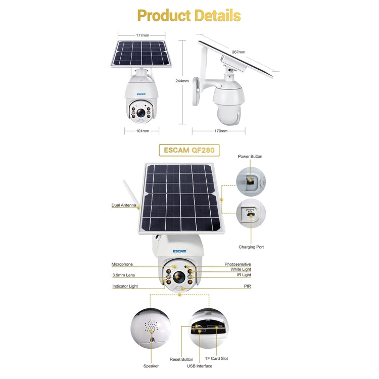 ESCAM QF280 HD 1080P IP66 Waterproof WiFi Solar Panel PT IP Camera with Battery, Support Night Vision / Motion Detection / TF Card / Two Way Audio, with Battery