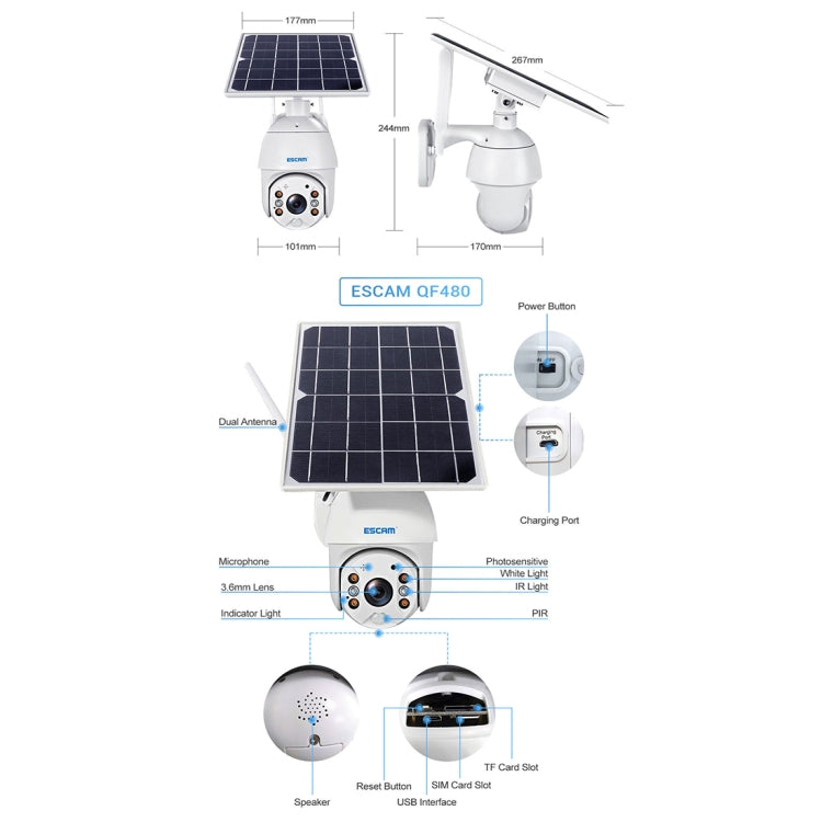 ESCAM QF480 EU Version HD 1080P IP66 Waterproof 4G Solar Panel PT IP Camera without Battery, Support Night Vision / Motion Detection / TF Card / Two Way Audio, without Battery(EU Version)