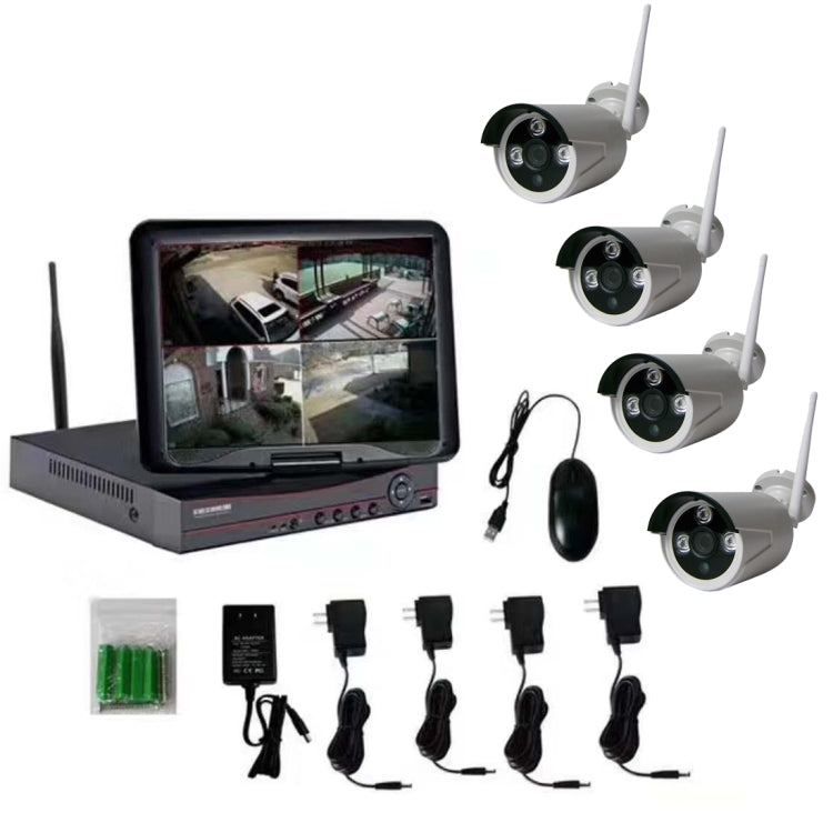 K9104E-PE2013C 4CH HD 960P 1.3 Mega Pixel 2.4GHz WiFi IP Bullet Camera 10.1 inch LCD Screen NVR Kit, K9104E-PE2013C