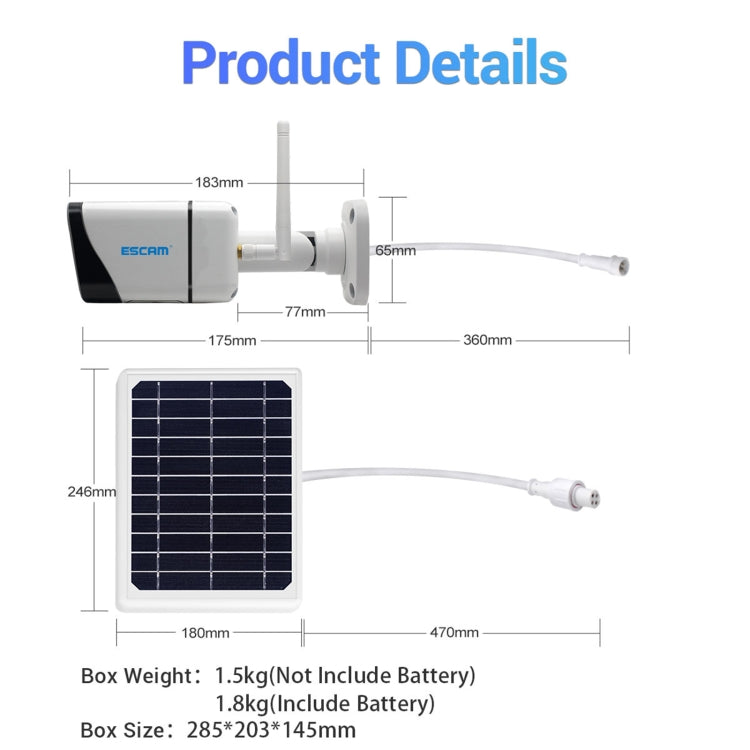 ESCAM QF120 1080P IP66 Waterproof WiFi IP Camera with Solar Panel, Support Night Vision & Motion Detection & Two Way Audio & TF Card, without Battery