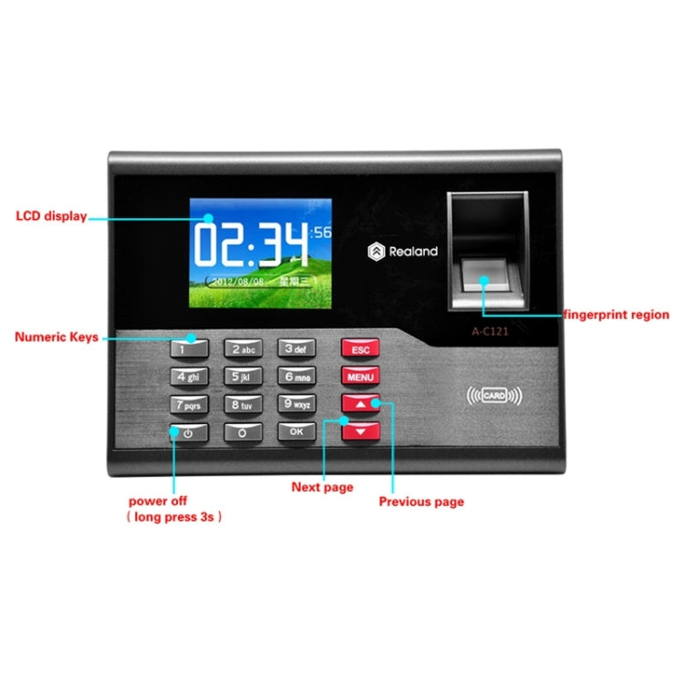 Realand A-C121 2.8 inch Color TFT Screen Fingerprint & RFID Time Attendance, USB Communication Office Time Attendance Clock, A-C121