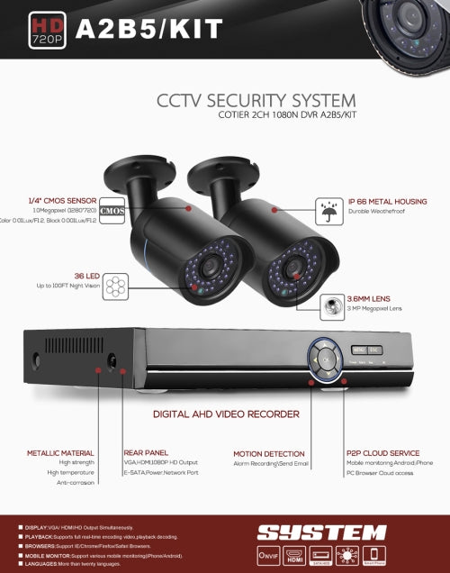 A2B5 720P 1.0 Mega Pixel 2 x Bullet AHD Cameras AHD DVR Kit, Support Night Vision / Motion Detection, IR Distance: 20m, A2B5 Kit