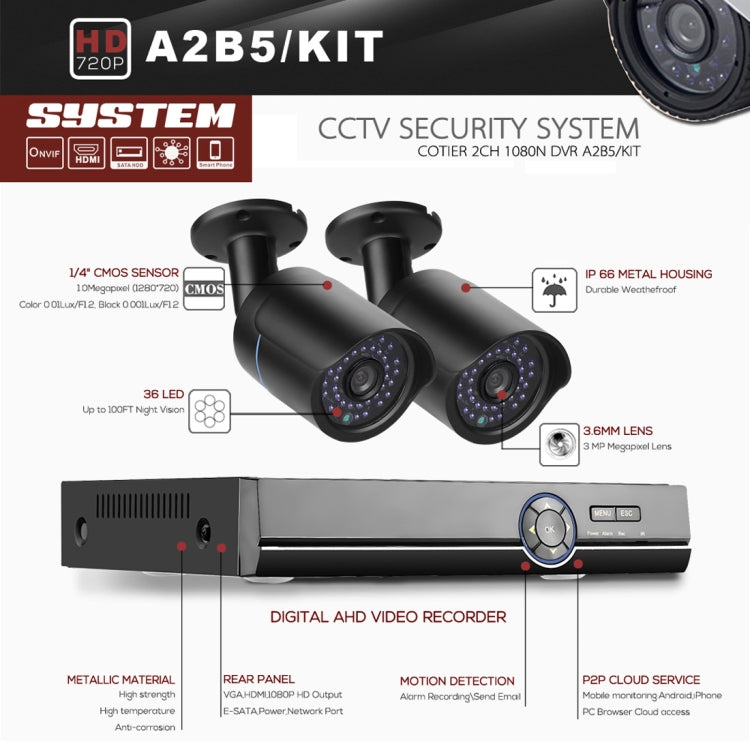 A4B5 4 Channel 720P 1.0 Mega Pixel 4 x Bullet AHD Cameras AHD DVR Kit, Support Night Vision / Motion Detection, IR Distance: 20m, A4B5 Kit