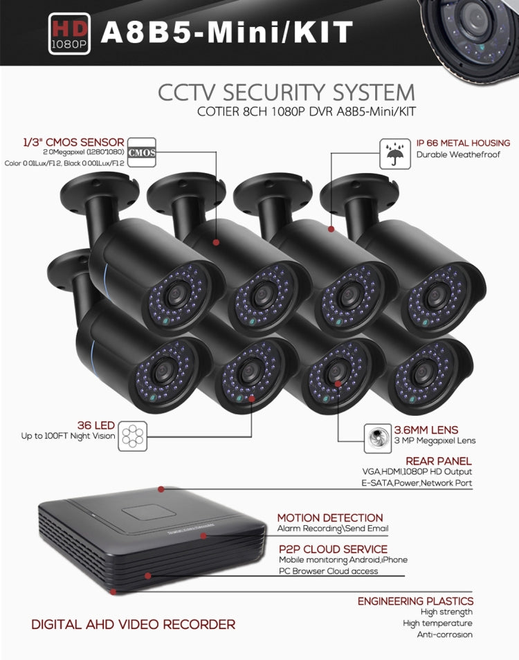 A8B5-Mini 8 Channel 1080P 2.0 Mega Pixel 8 x Bullet AHD Cameras Mini AHD DVR Kit, Support Night Vision / Motion Detection, IR Distance: 20m, A8B5-Mini Kit