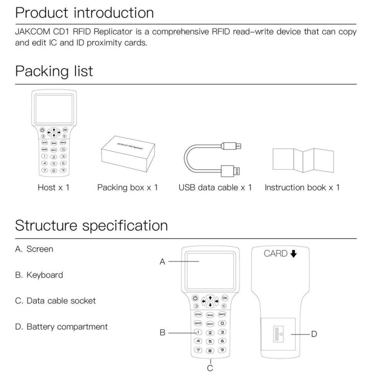 JAKCOM CD1 Access Control Proximity Card Duplicator RFID/ICID Card Reader Card Reader