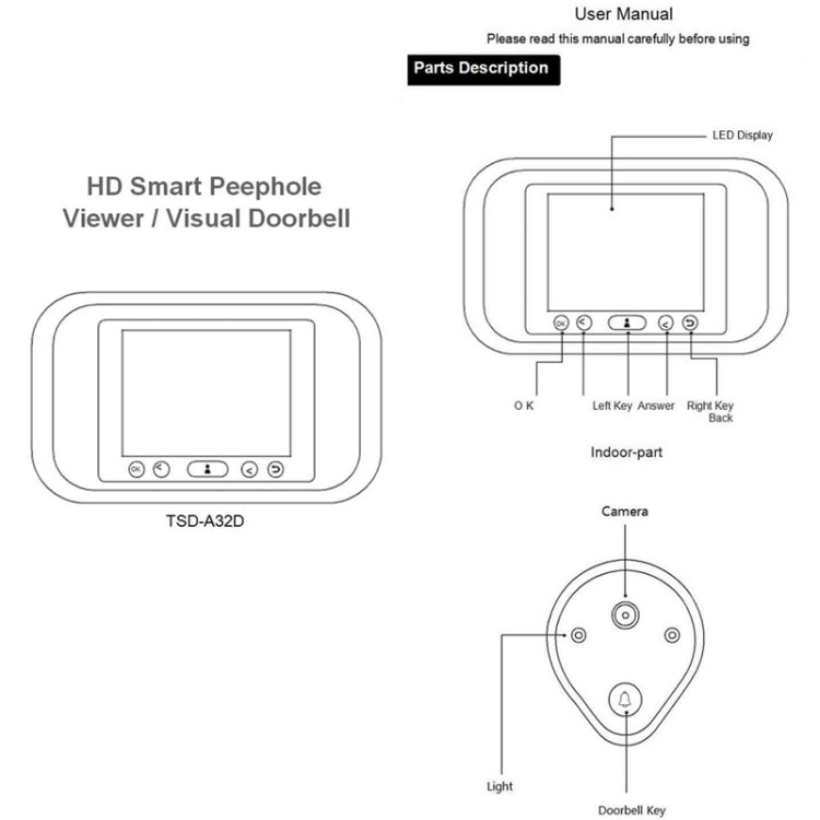 A32D 3.2 inch LED Display 720P HD Smart Peephole Viewer / Visual Doorbell, Support TF Card (32GB Max), A32D